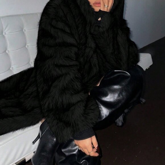 Black Preppy Women's Plus Size Long Sleeve Hooded Fluffy Coat - Picture 4 of 6